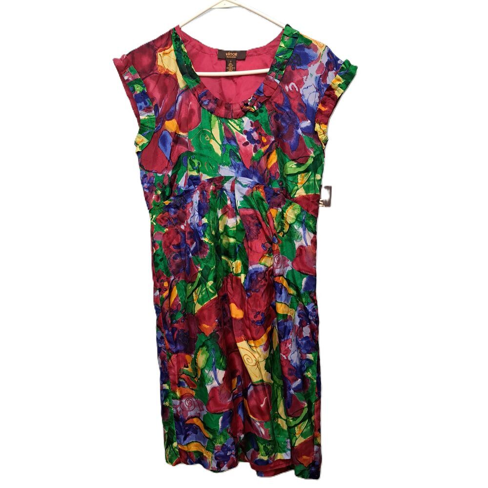 Victor Alfaro Bright Bouquet Multicolor Silk Floral Cap Sleeve Dress Sz 6 VA8073